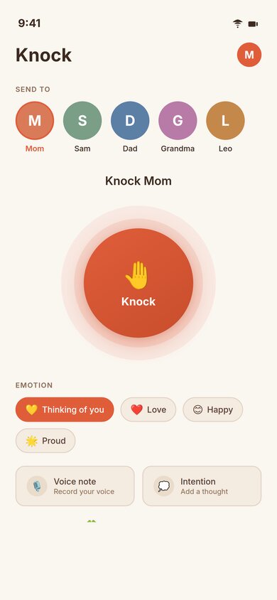 The Knock screen ready to send to Mom, with emotion and voice note options