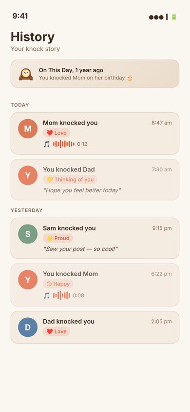 History screen showing a timeline of knocks with voice waveforms