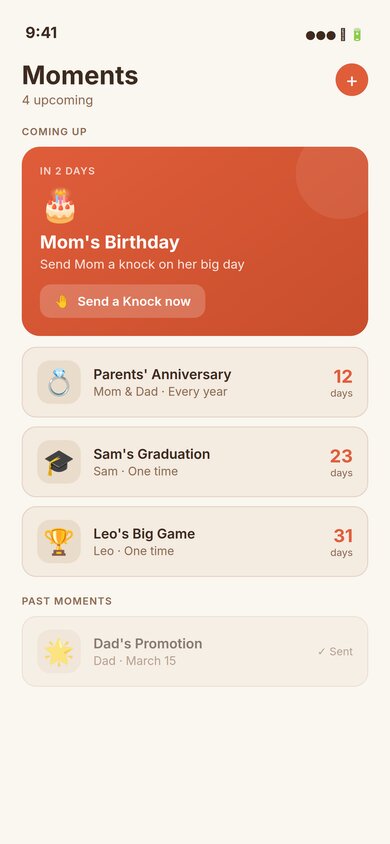 Moments screen showing upcoming events including Mom's Birthday in 2 days