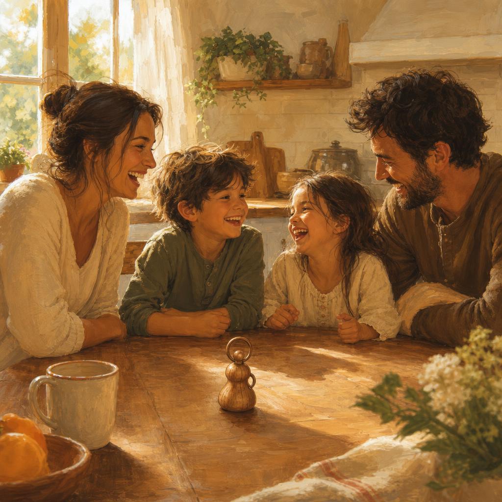 A family gathered around a warm kitchen table, a small wooden charm between them