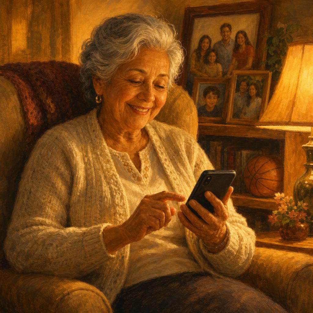 A grandmother in a cozy armchair sending a knock from her phone
