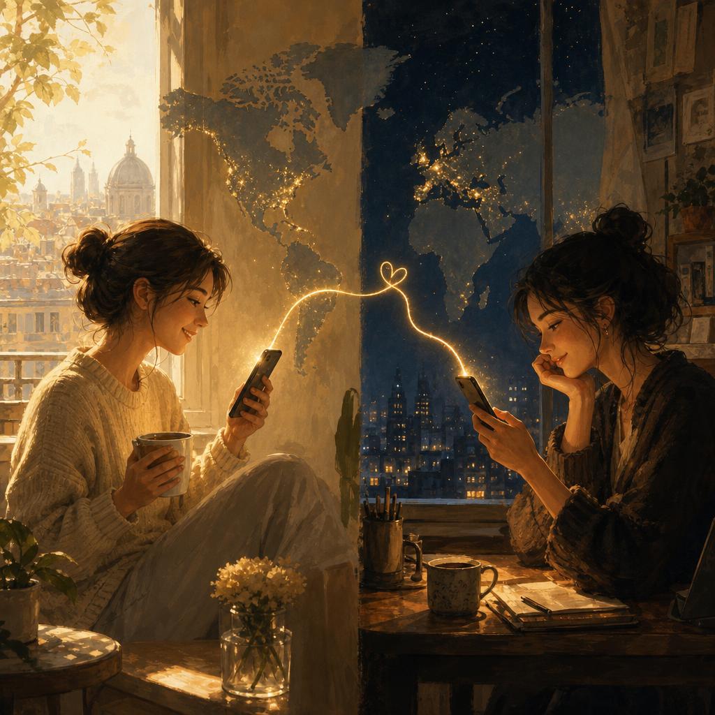 Two friends in different time zones connected by a thread of light